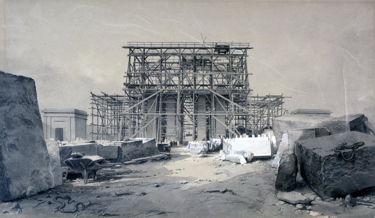 Bygging av Euston Arch, januar 1838 (penn og blekk og vask på papir) av John Cooke Bourne
