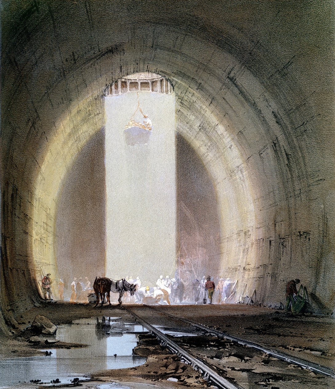 Bygging av Kilsby-tunnelen på London & Birmingham Railway, 8. juli 1839 av John Cooke Bourne
