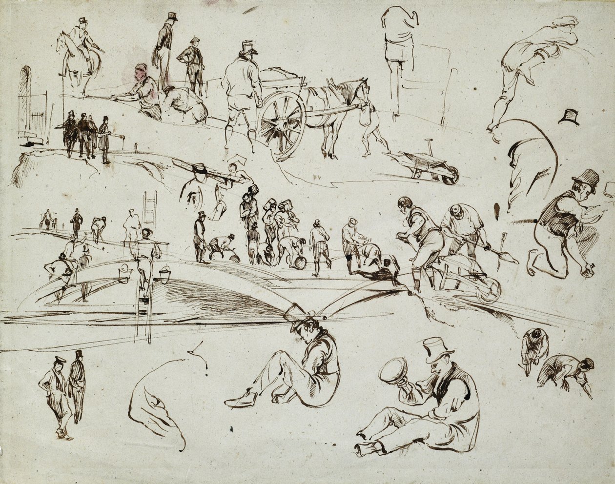 Bygging av London og Birmingham Railway, ca. 1835 (brunt blekk på papir; sammensatt skisse) av John Cooke Bourne