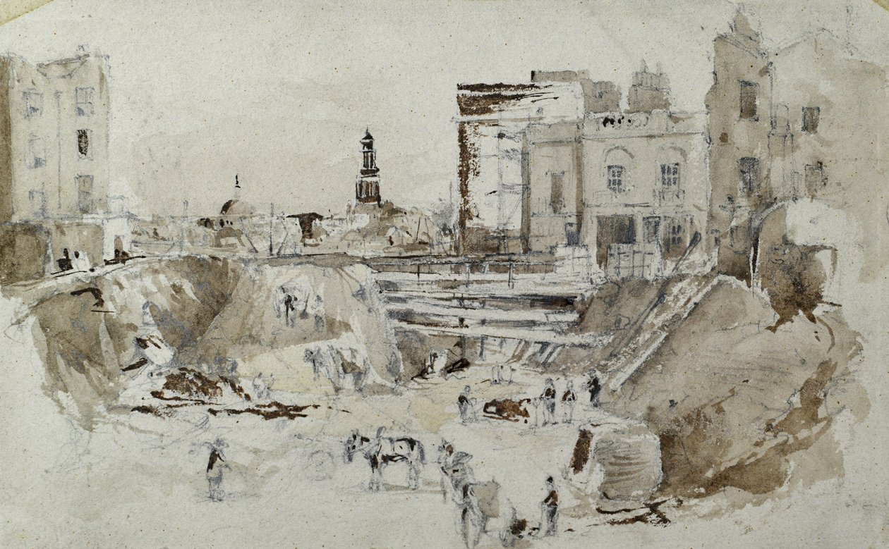 Bygging av London og Birmingham Railway, ca. 1835 (blyant med vask på papir) av John Cooke Bourne