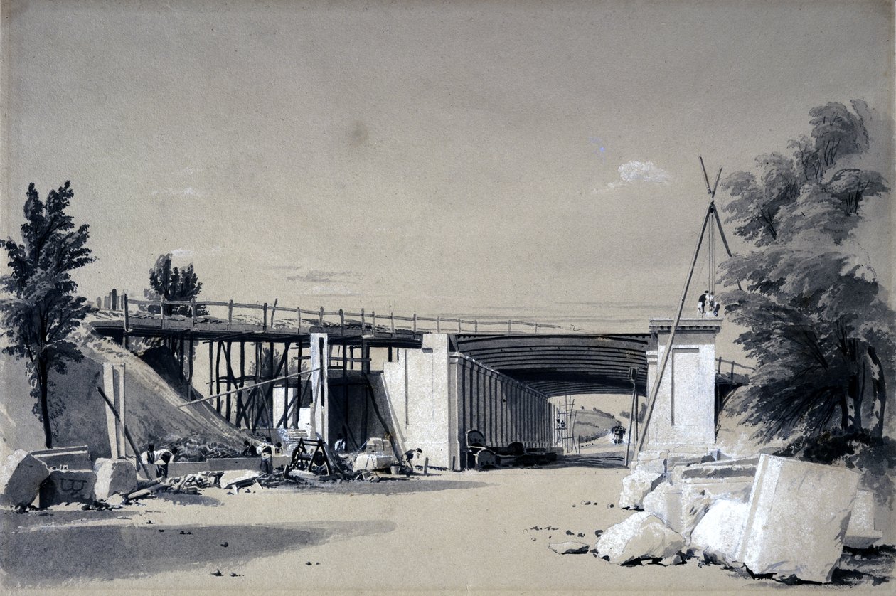 Denbigh Hall Bridge fra veien, 25. juni 1837 (penn og blekk og vask på papir) av John Cooke Bourne