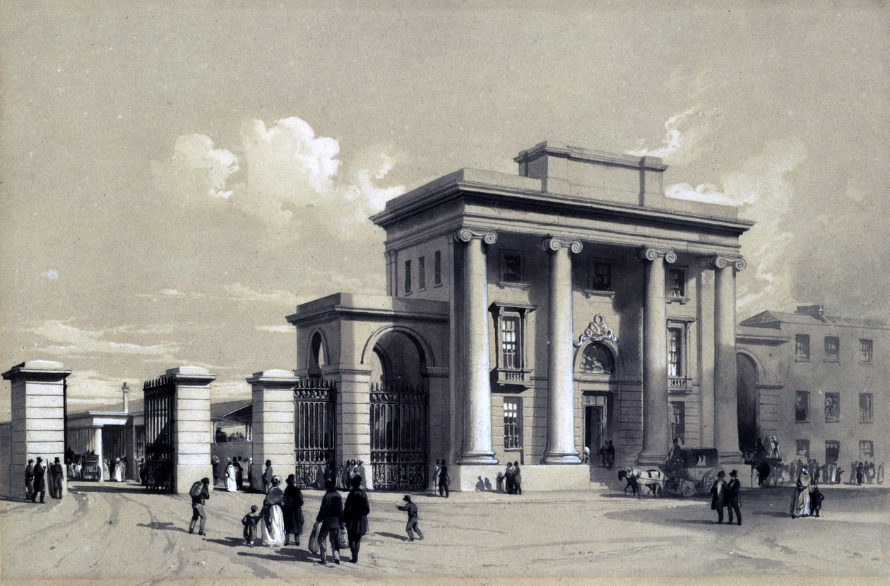Inngang til Birmingham Station, september 1838 (penn og blekk og vask på papir) av John Cooke Bourne