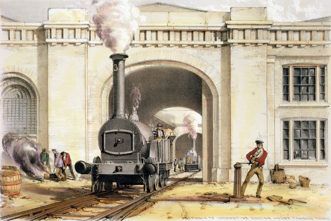 Inngang til Locomotive Engine House, Camden Town, gravert av kunstneren, 1839 av John Cooke Bourne