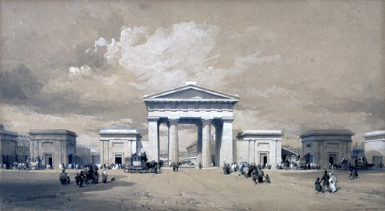Euston Arch, april 1838 (penn og blekk og vask på papir) av John Cooke Bourne