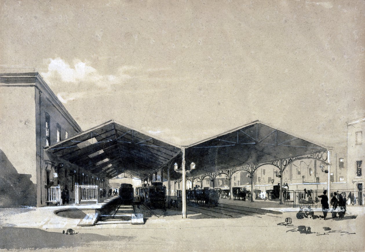 Euston Station interiør, mai 1837 (penn og blekk og vask på papir) av John Cooke Bourne
