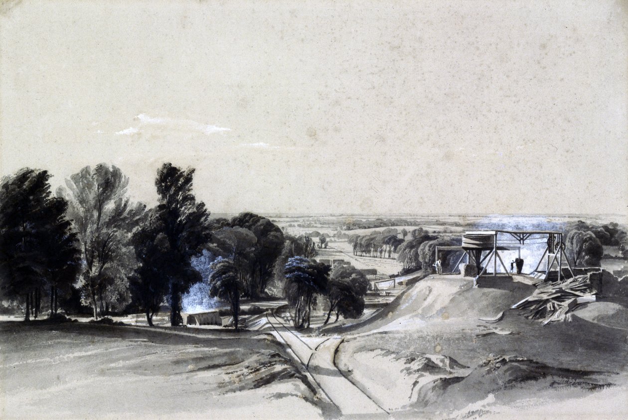 Ovenfra, Kilsby Tunnel, Northamptonshire, 20. juli 1837 (penn og blekk og vask på papir) av John Cooke Bourne