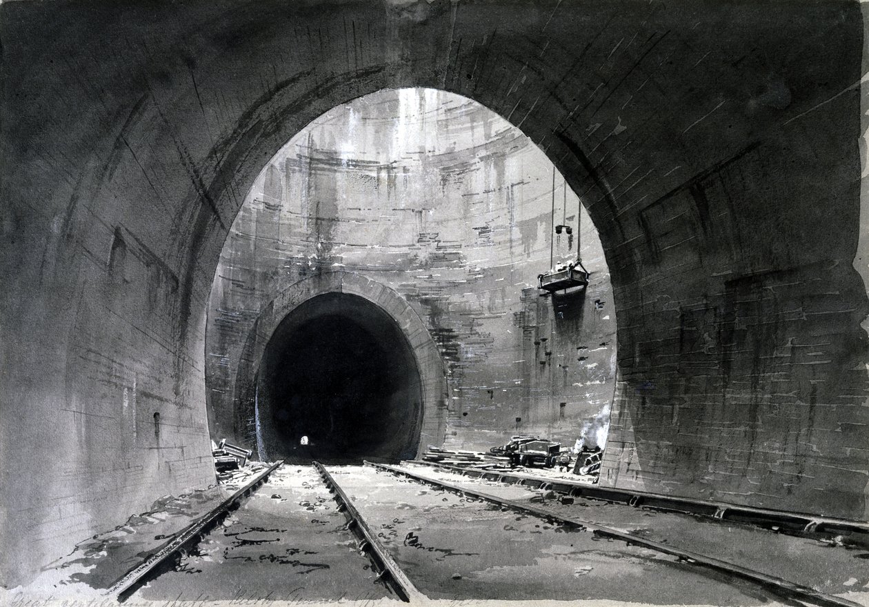 Flott ventilasjonssjakt, Kilsby Tunnel, Northamptonshire, 1837-38 (penn og blekk og vask på papir) av John Cooke Bourne
