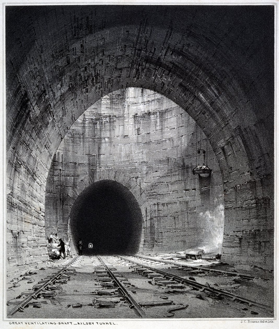 Flott ventilasjonssjakt, Kilsby Tunnel, Northamptonshire, 1838 (penn og blekk og vask på papir) av John Cooke Bourne