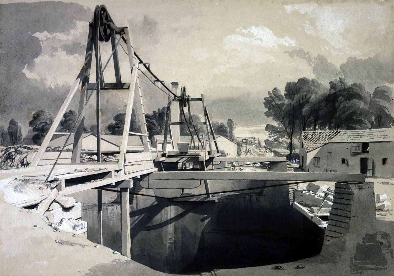 Flott ventilasjonsskaft og hodeplagg, Kilsby Tunnel, 15. juli 1837 (penn og blekk og vask på papir) av John Cooke Bourne