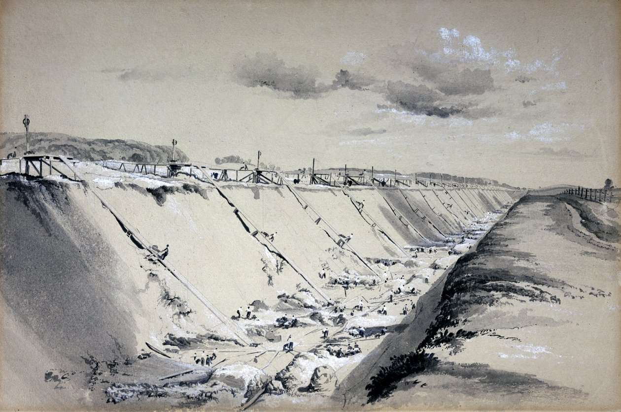 Horse-Runs på Tring Cutting, Hertfordshire, 19. juni 1837 (penn og blekk og vask på papir) av John Cooke Bourne