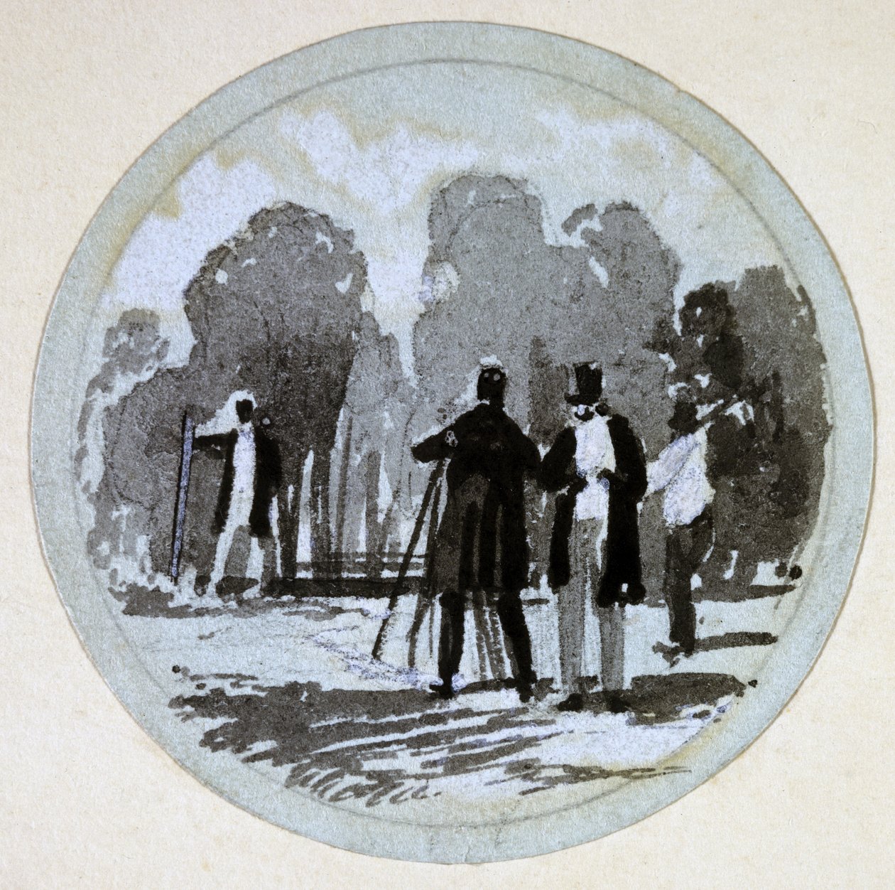 Levelling, London & Birmingham Railway, ca. 1838 (penn og blekk og vask på papir) av John Cooke Bourne
