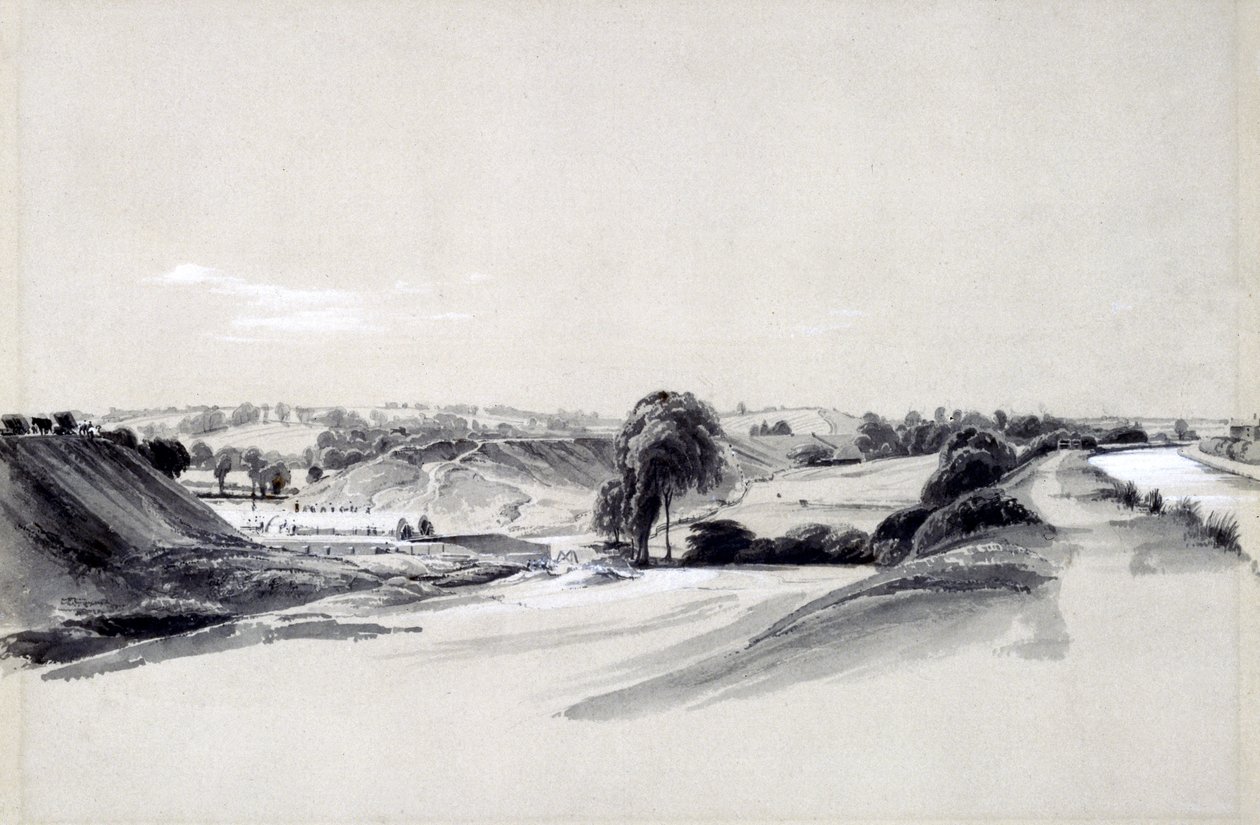 Making and bankment, Bugbrooke, 10. juli 1837 (penn og blekk og vask på papir) av John Cooke Bourne