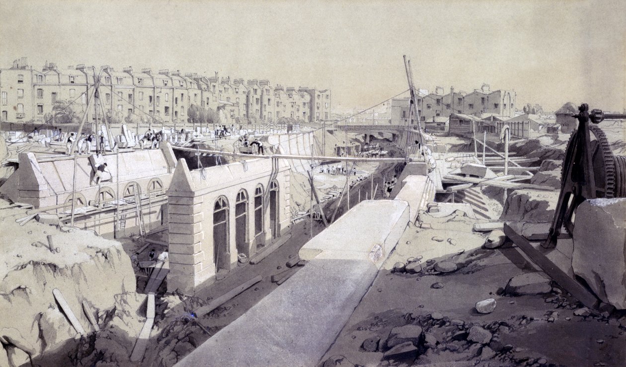 Mornington Crescent - Line under konstruksjon, september 1836 (penn og blekk og vask på papir) av John Cooke Bourne