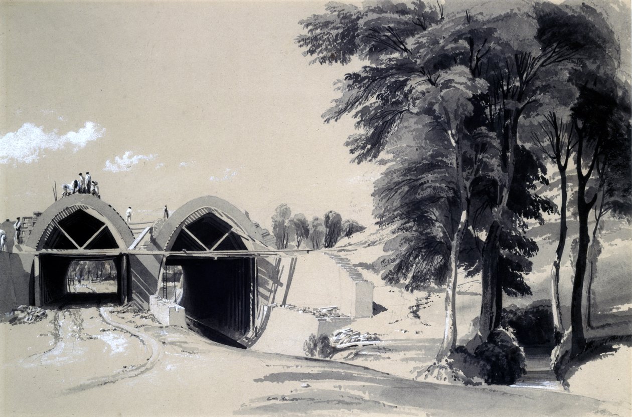 Occupation Bridge, Bugbrooke, Northamptonshire, 9. juli 1837 (penn og blekk og vask på papir) av John Cooke Bourne