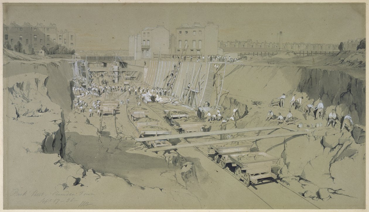 Park Street, Camden Town, 17. september 1836 (penn og blekk og vask på papir) av John Cooke Bourne