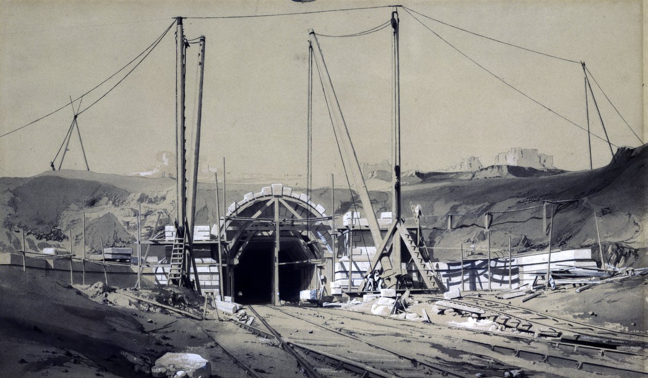 Primrose Hill Tunnel, april 1837 (penn og blekk og vask på papir) av John Cooke Bourne