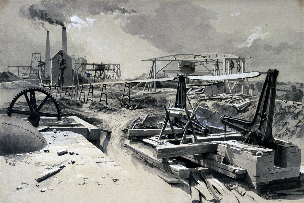 Pumper, ventilasjonssjakt, Kilsby Tunnel, Northamptonshire, 15. juli 1837 (penn og blekk og vask på papir) av John Cooke Bourne