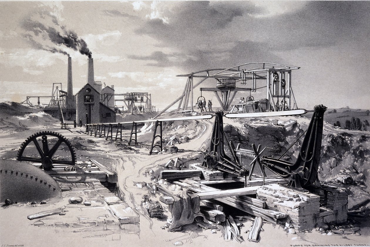 Pumper, ventilasjonssjakt, Kilsby Tunnel, Northamptonshire, 15. juli 1837 (penn og blekk og vask på papir) av John Cooke Bourne