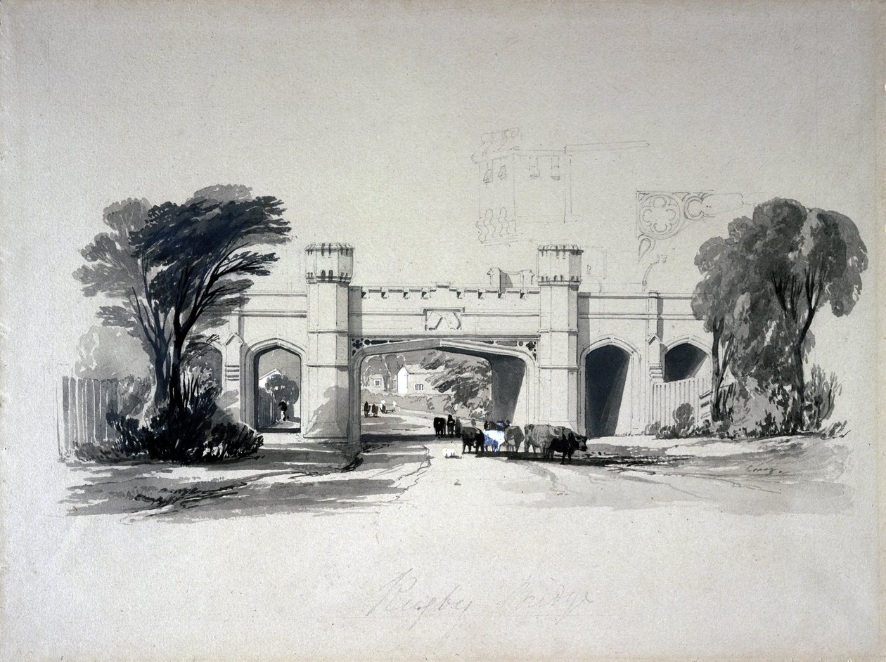 Rugbyjernbanebroer sett fra veien, Warwickshire, april 1839 (penn og blekk og vask på papir) av John Cooke Bourne