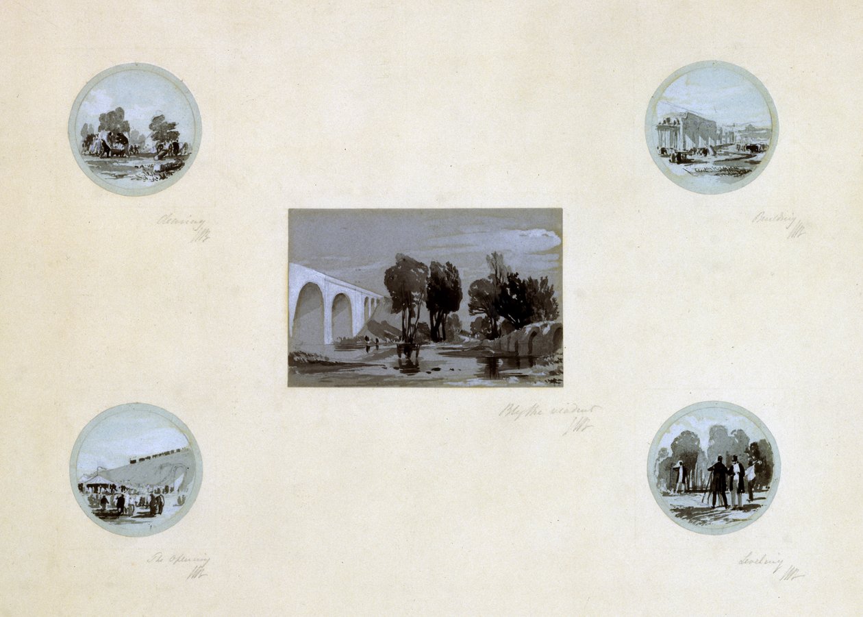 Rengjøring, bygging, utjevning og åpning av LBR, ca. 1838 (penn og blekk og vask på papir) av John Cooke Bourne
