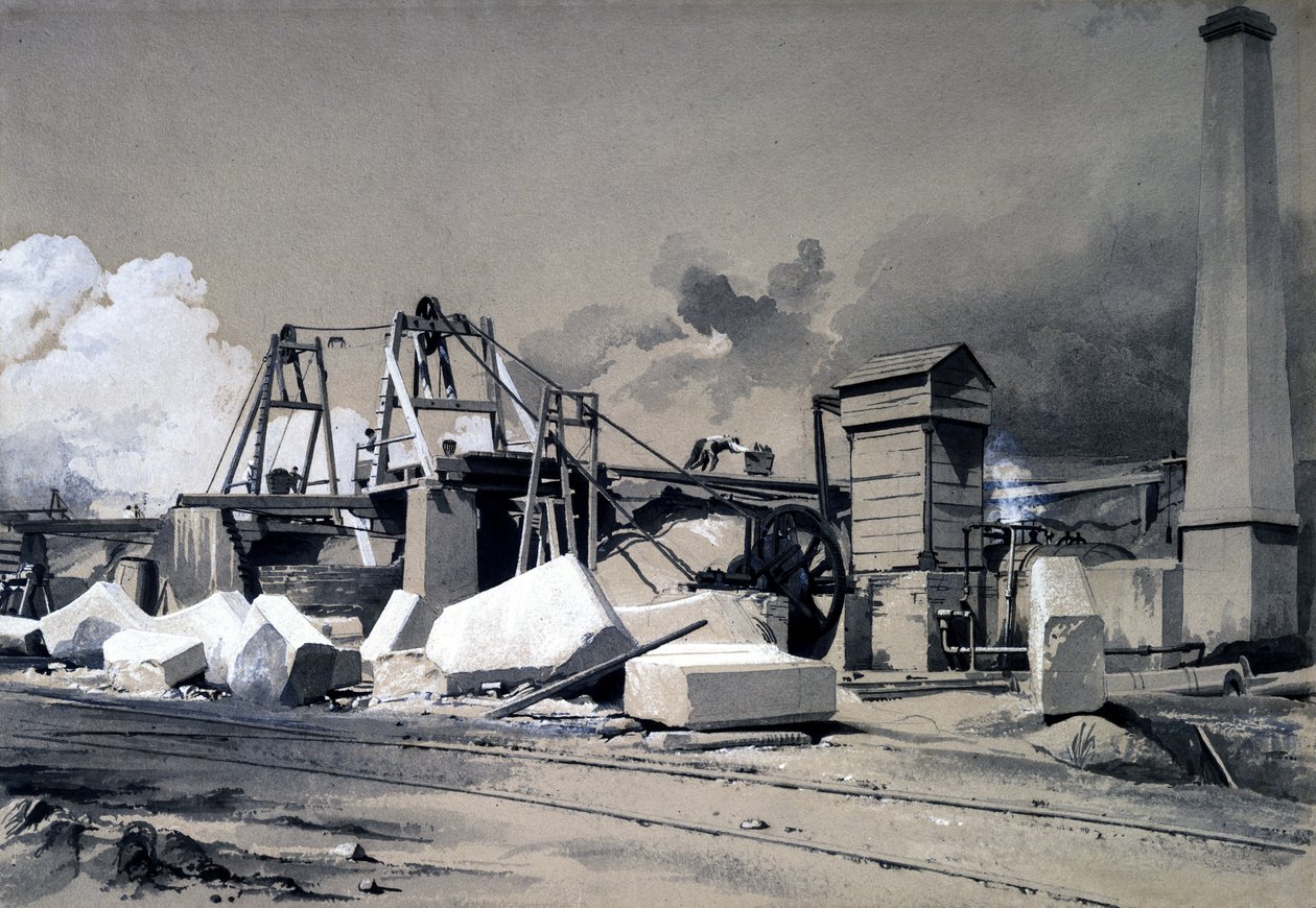 Ventilasjonsaksel og viklingsmotor, Kilsby Tunnel, 18. juli 1837 (penn og inn og vask på papir) av John Cooke Bourne