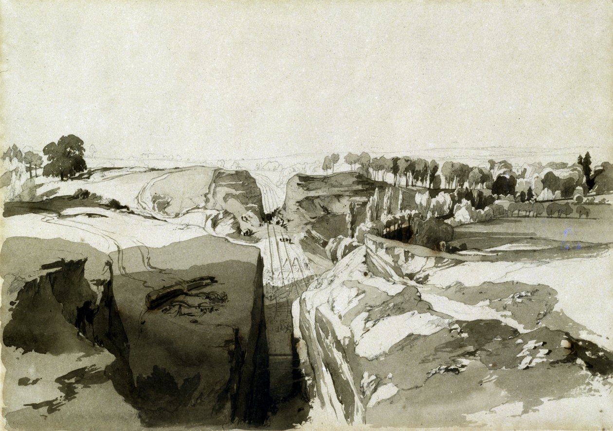 Utsikt fra toppen av tunnelen, Linslade, Buckinghamshire, 12. oktober 1837 (penn og blekk og vask på papir) av John Cooke Bourne