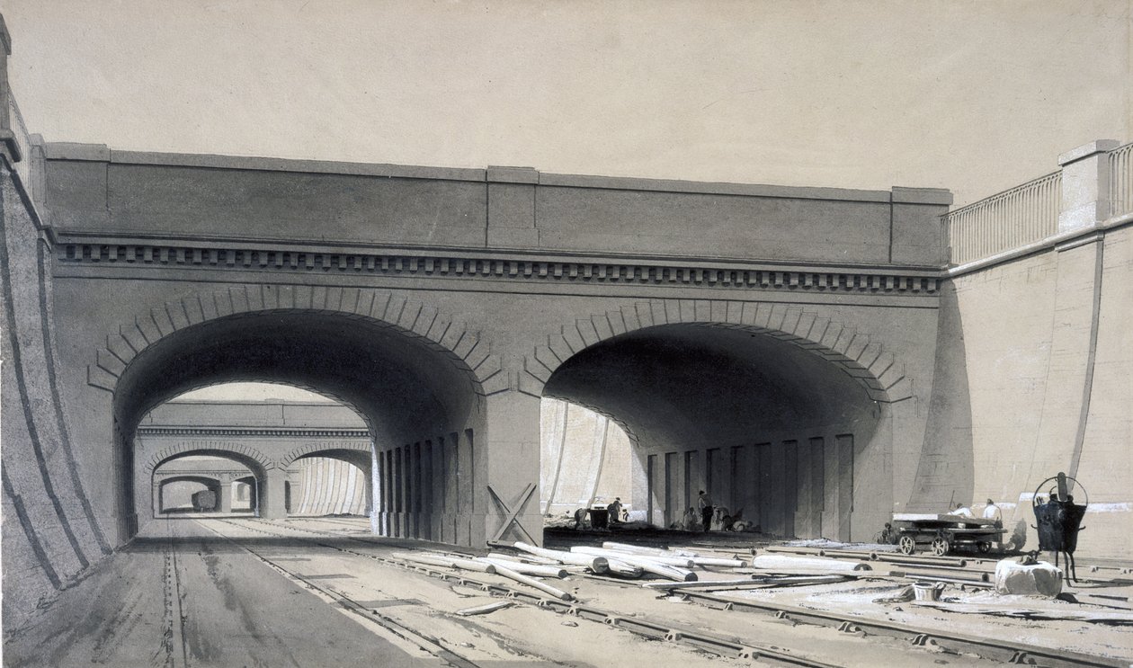 Utsikt nær Euston Station med tre overbroer, september 1837 (penn og blekk og vask på papir) av John Cooke Bourne
