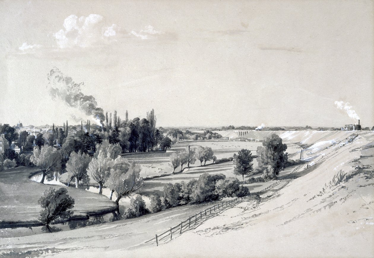 Watford Embankment, Hertfordshire, 29. oktober 1837 (penn og blekk og vask på papir) av John Cooke Bourne