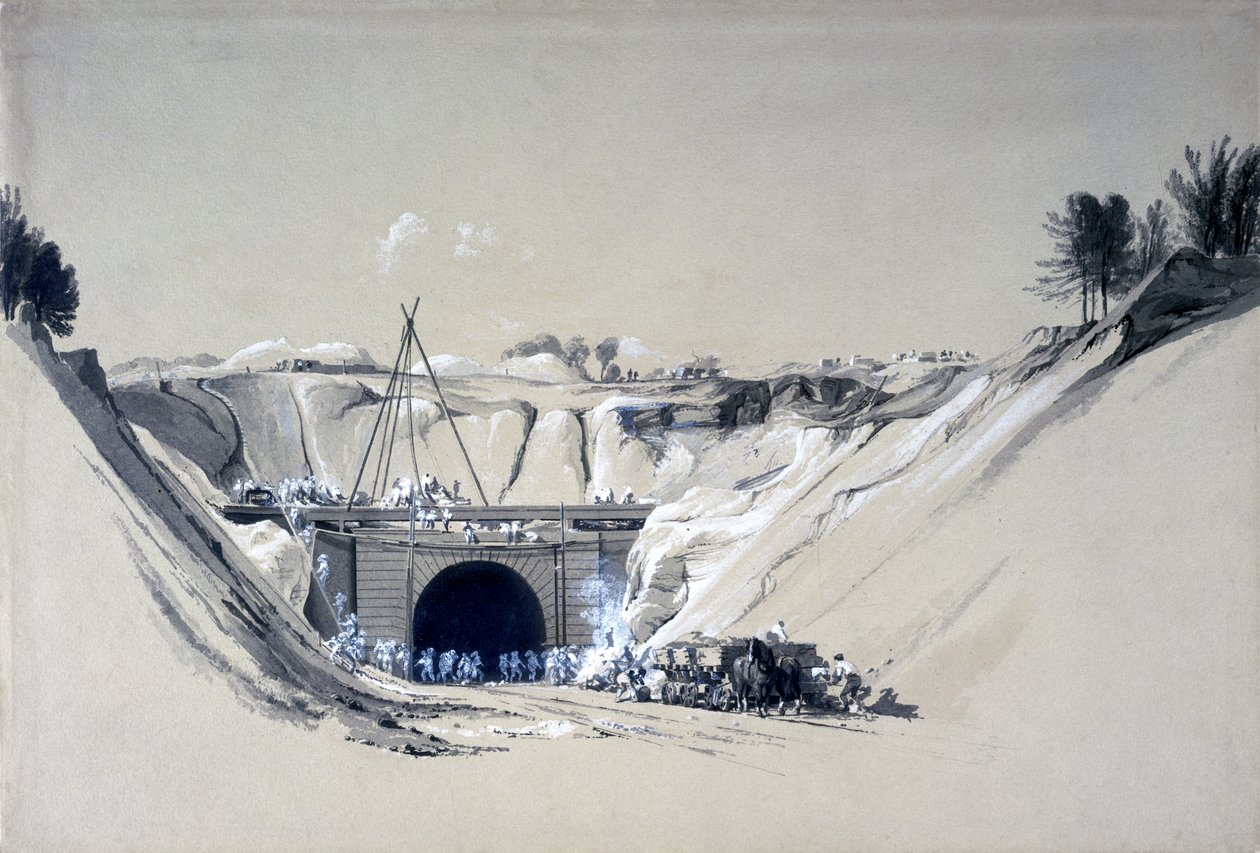 Watford Tunnel, Hertfordshire, 6. juni 1837 (penn og blekk og vask på papir) av John Cooke Bourne