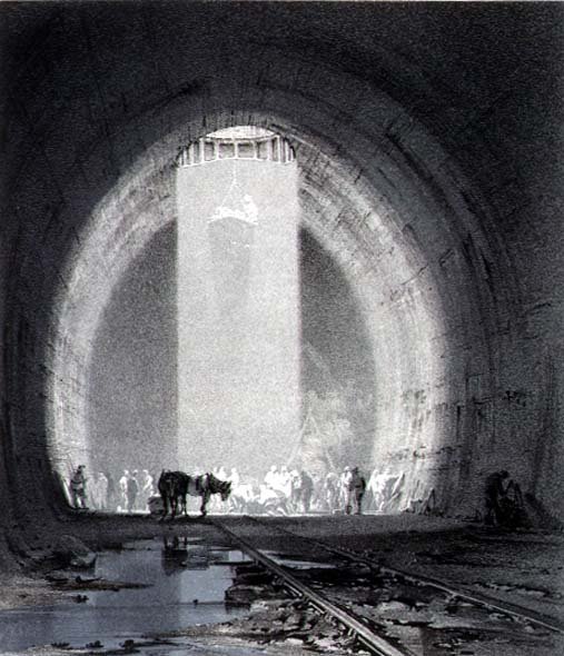 Working Shaft, Kilsby Tunnel, 8. juli 1837, gravert av kunstneren av John Cooke Bourne