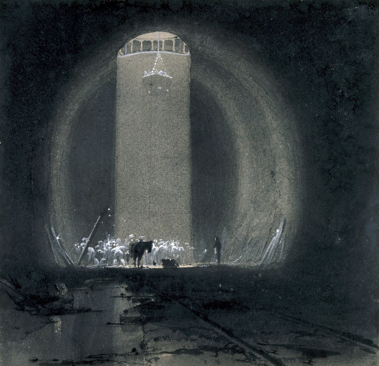 Arbeidsaksel, Kilsby Tunnel, Northamptonshire, 8. juli 1837 (penn og blekk og vask på papir) av John Cooke Bourne