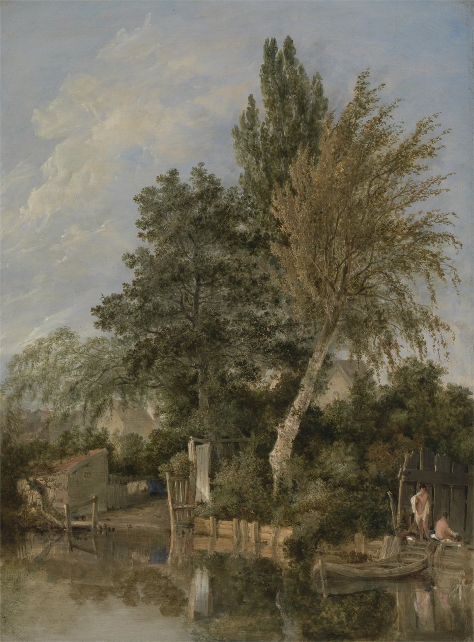 En elvescene med gutter som bader, ca. 1817 (olje på panel) av John Crome