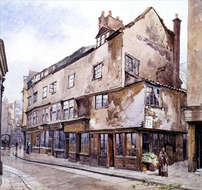 Cloth Fair, Smithfield, med blomsterselger, februar 1884 (akvarell) av John Crowther