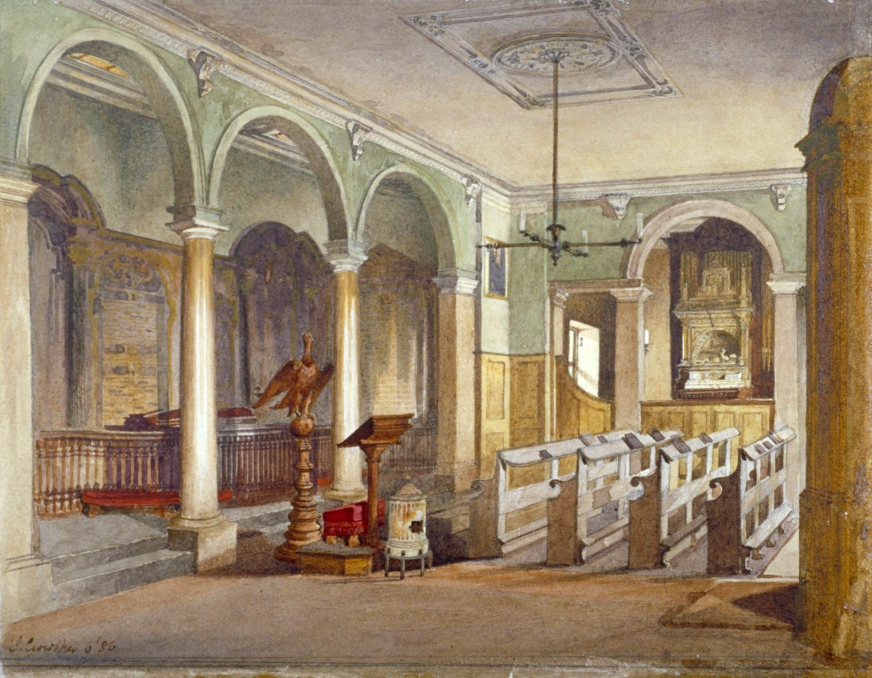 Interiøret i kapellet ved Emanuel Hospital almshouses, Buckingham Gate, Westminster, London, 1886 av John Crowther