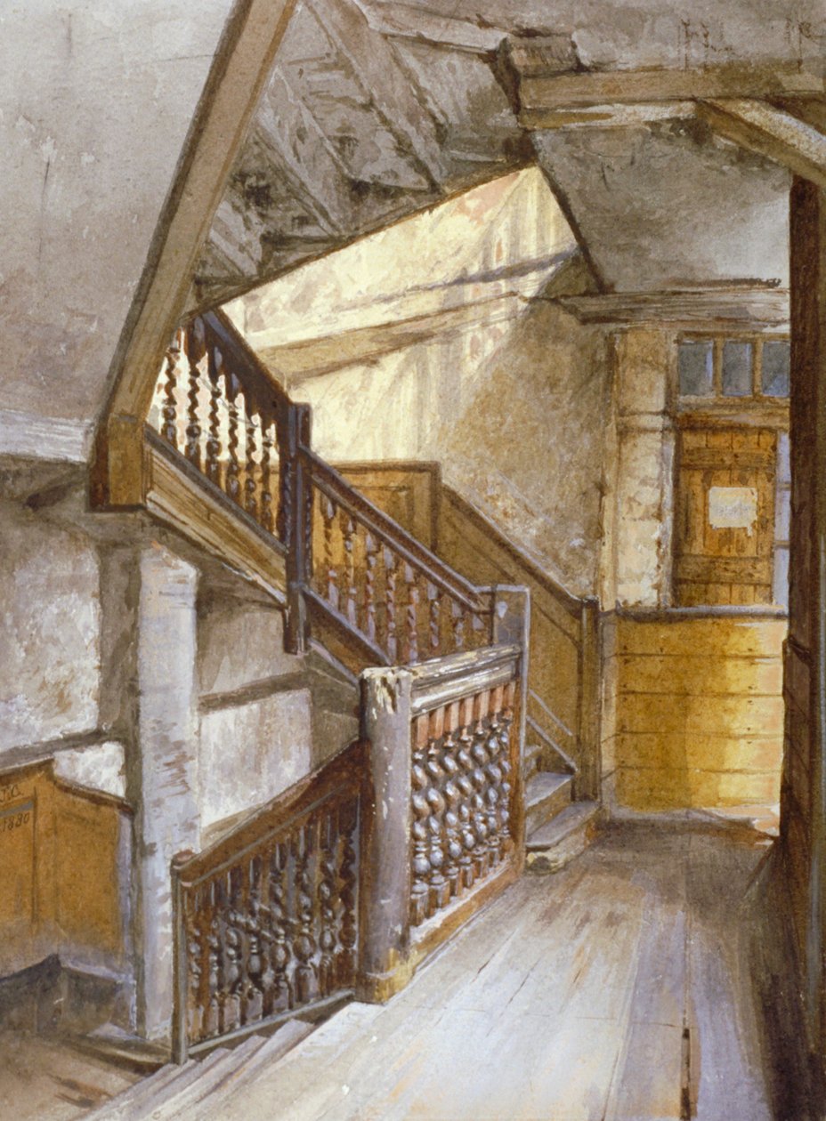 Innvendig visning av en trapp i et hus i White Lion Court, Westminster, London, 1880 av John Crowther
