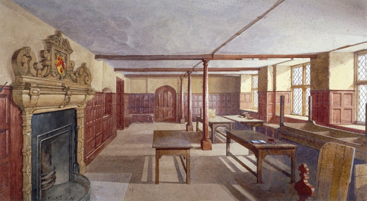 Innvendig utsikt over guttenes spisestue i Charterhouse, London, 1885. av John Crowther