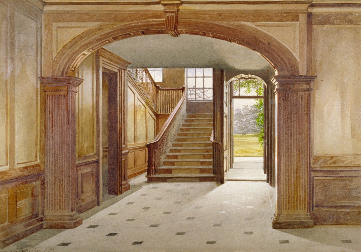 Innvendig visning som viser trappen ved Fairfax House, High Street, Putney, London, 1887 av John Crowther