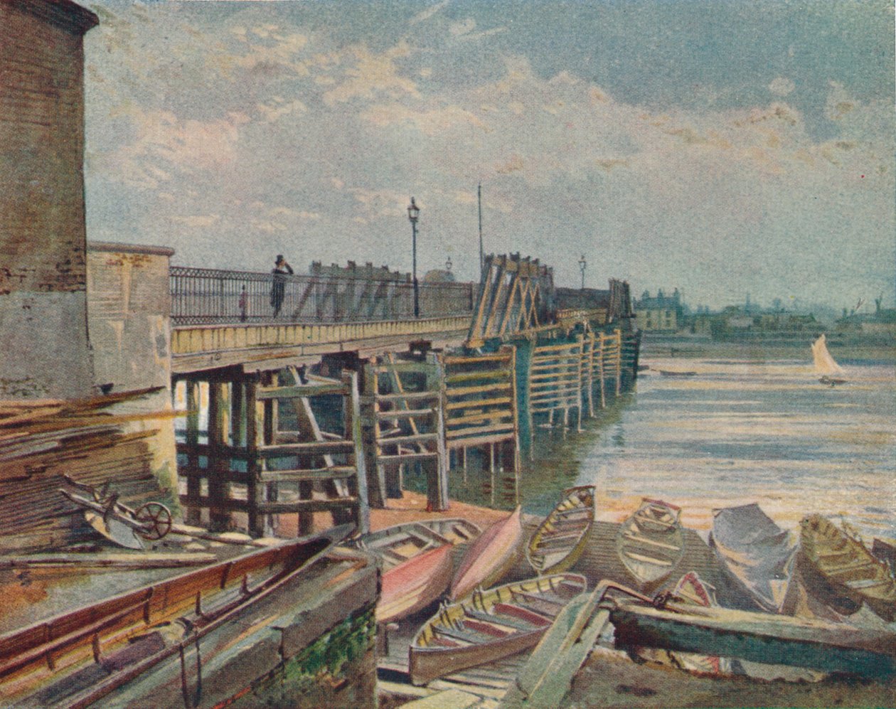 Old Battersea Bridge, fra North Bank, ser over Themsen, London, 1885 1926 av John Crowther