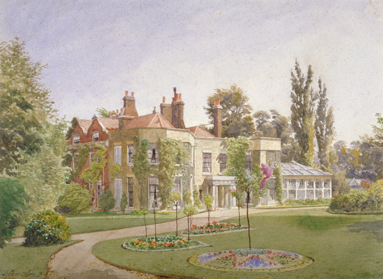 Frontinngangen og hagen ved Raleigh House, Brixton Hill, Lambeth, London, 1887 av John Crowther