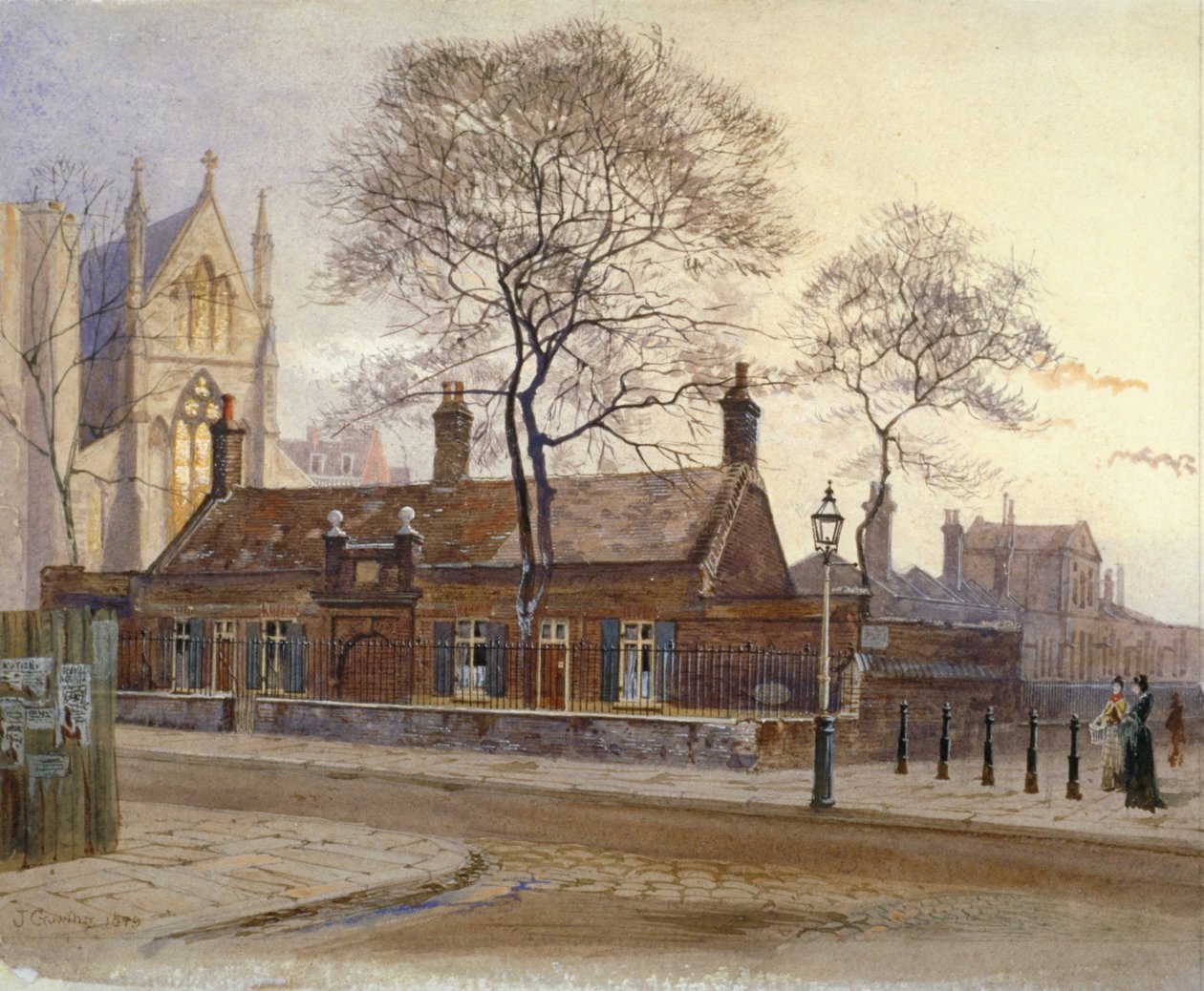 Utsikt over Butler's Almshouses, Caxton Street, Westminster, London, 1879 av John Crowther
