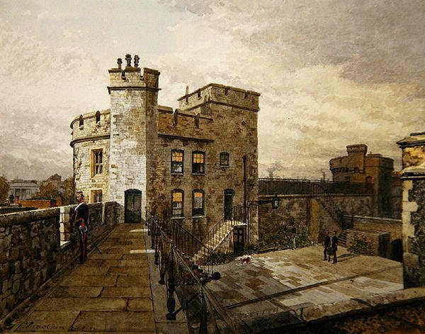 Utsikt over Devereux Tower, Tower of London, med figurer i militærklær av John Crowther
