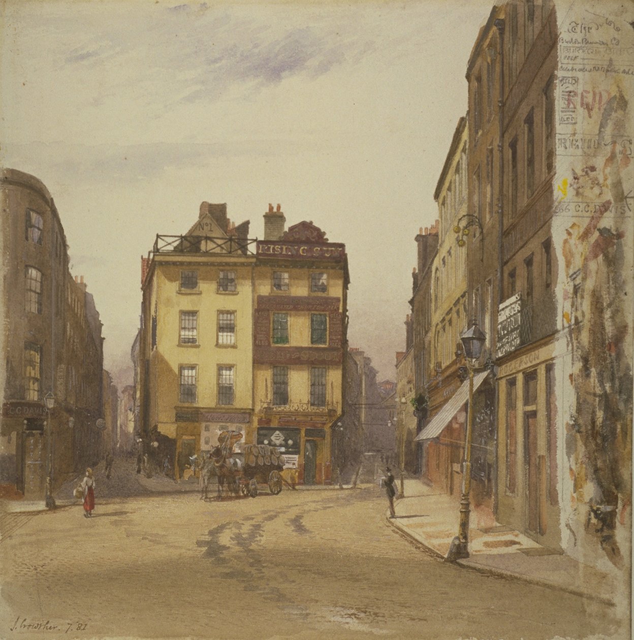 Utsikt over Wych Street og Holywell Street, Westminster som viser Rising Sun Tavern, 1881 (wc på papir) av John Crowther