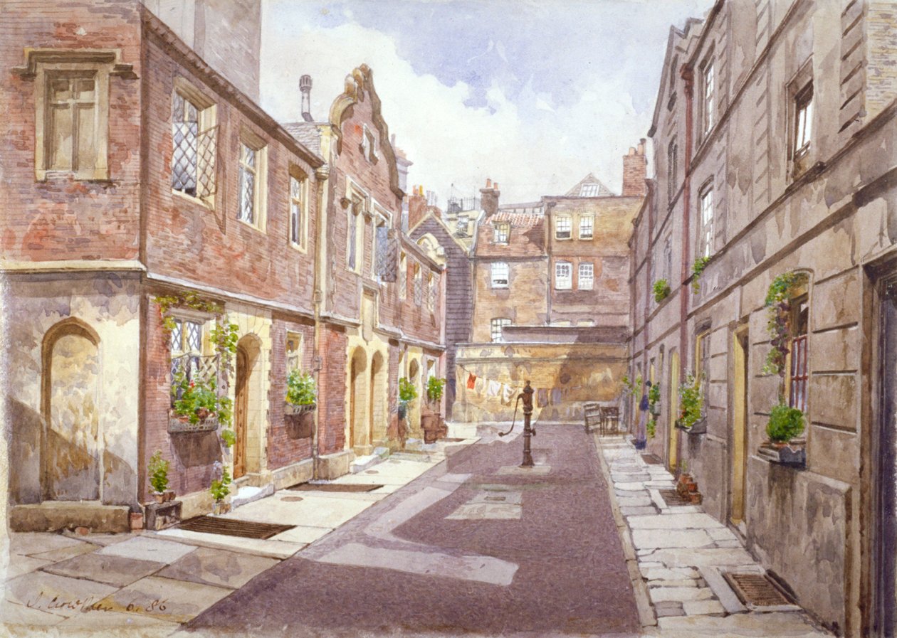 Utsikt over almissehus i Cock Court, Jewry Street, City of London, 1886. av John Crowther