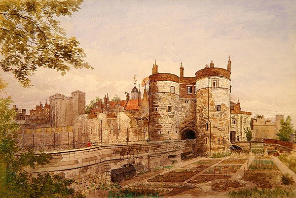 Utsikt over Tower of London, som viser Byward Tower, Beauchamp Tower, Devereux Tower og St. Thomas Tower av John Crowther