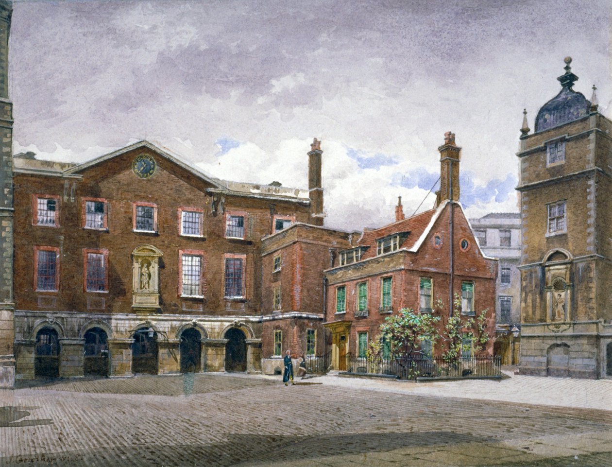 Utsikt over grammatikkskolen ved Christ's Hospital, Newgate Street, City of London, 1881 av John Crowther