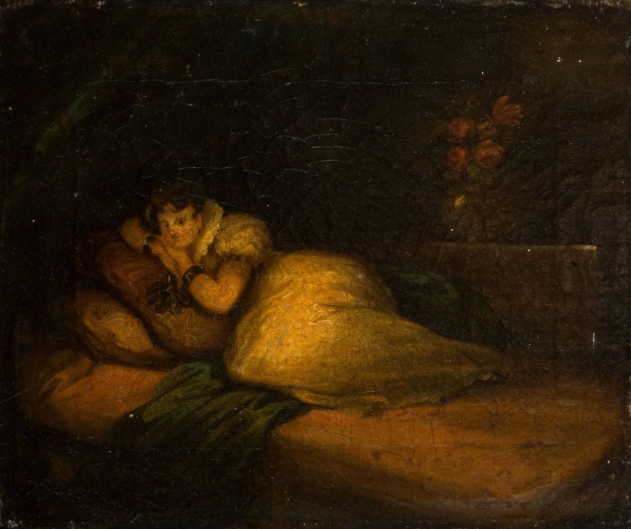 Interiør med kvinne på en seng, 1780. av John Daniel Bond