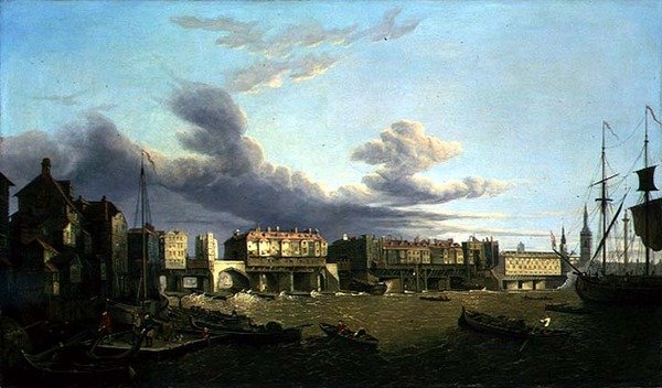 Utsikt over Old London Bridge slik den var i 1747 (olje på lerret) av John Dean Paul