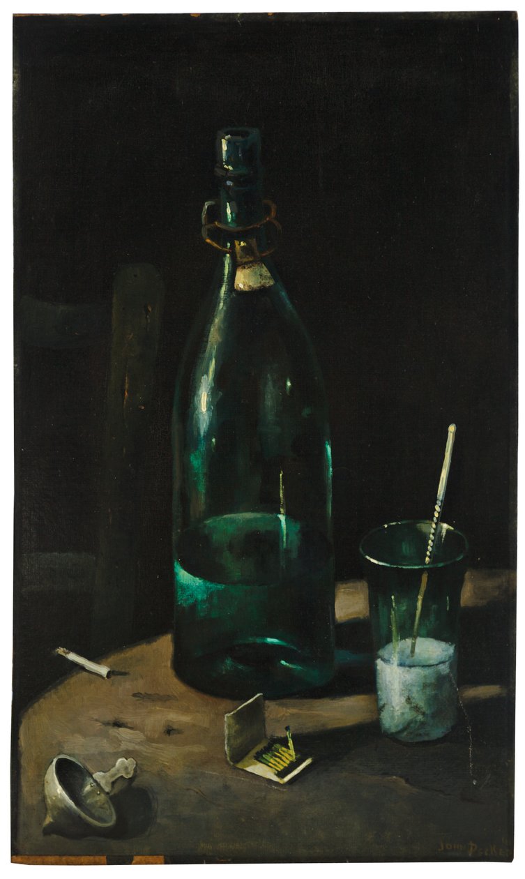 Stilleben med flaske og glass (olje på lerret) av John Decker