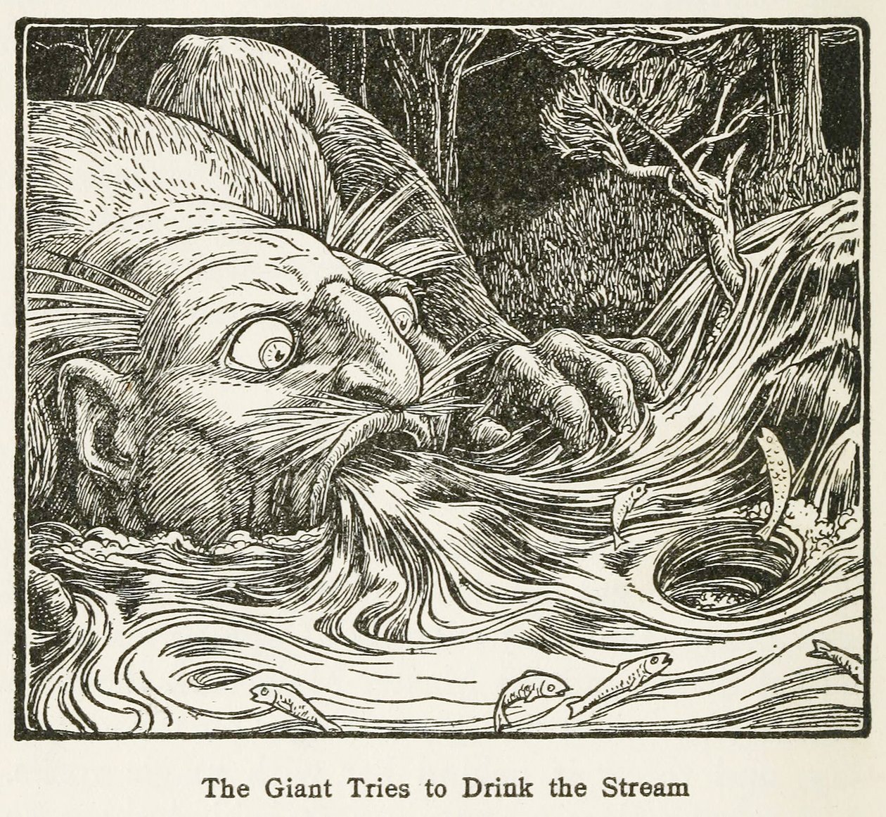 The Giant Trys to Drink the Stream, fra Europas Fairy Book, pub. 1916 (gravering) av John Dickson Batten