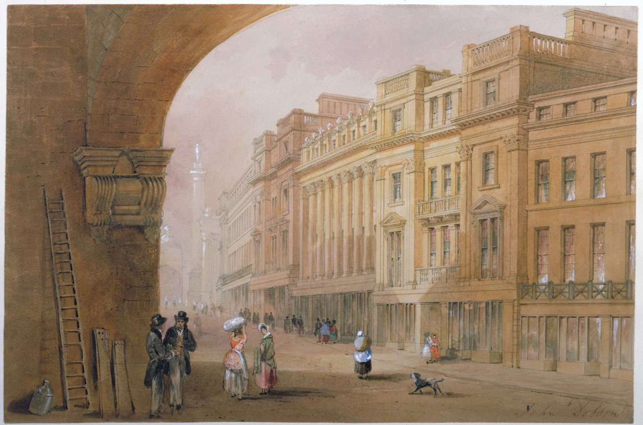 Utsikt over Grey Street, Newcastle upon Tyne (bc, blekk og wc på papir) av John Dobson